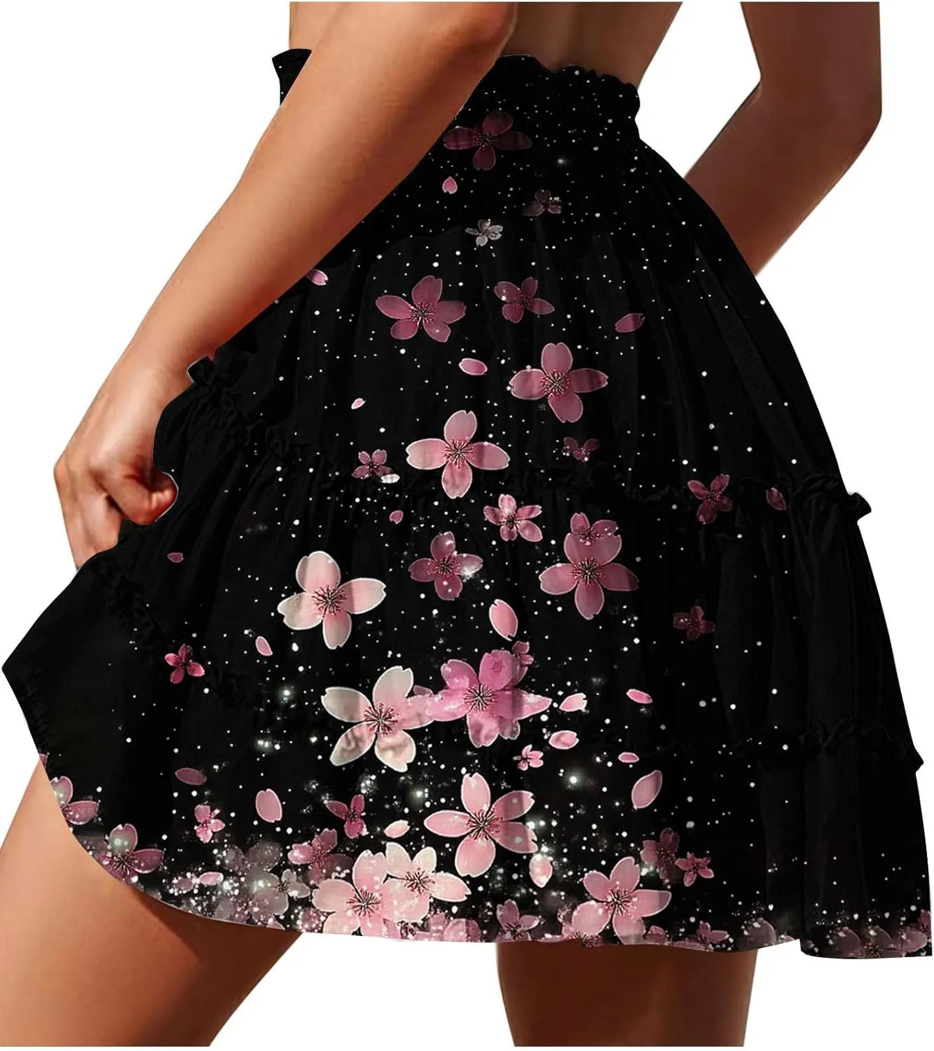 Womens Flowy High Waist Pleated Mini Skirts Casual Boho Floral Ruffle Tiered Skorts Cute Summer Fashion Shorts