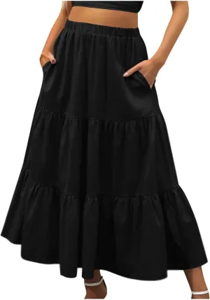 Women's Flowy Maxi Skirt 2025 Summer Ruffle High Waisted A-Line Skirts Casual Solid Long Pleated Skirt with Pockets