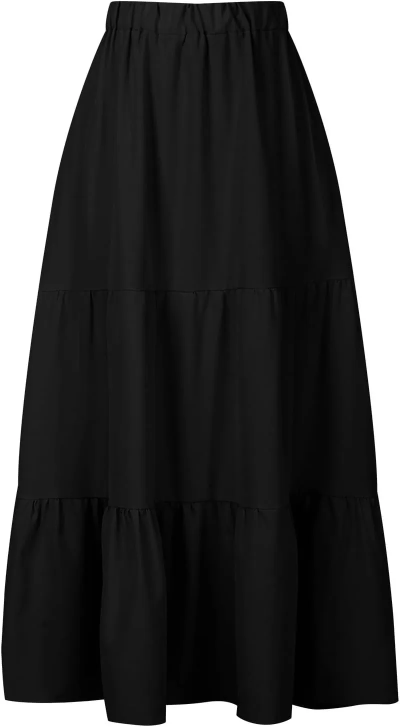 Women's Flowy Maxi Skirt 2025 Summer Ruffle High Waisted A-Line Skirts Casual Solid Long Pleated Skirt with Pockets