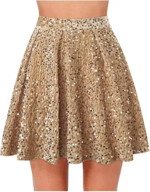 Women's Glitter Mini Skirt Fashion High Waist A-Line Flared Short Skirts Pleated Solid Color Party Skirt