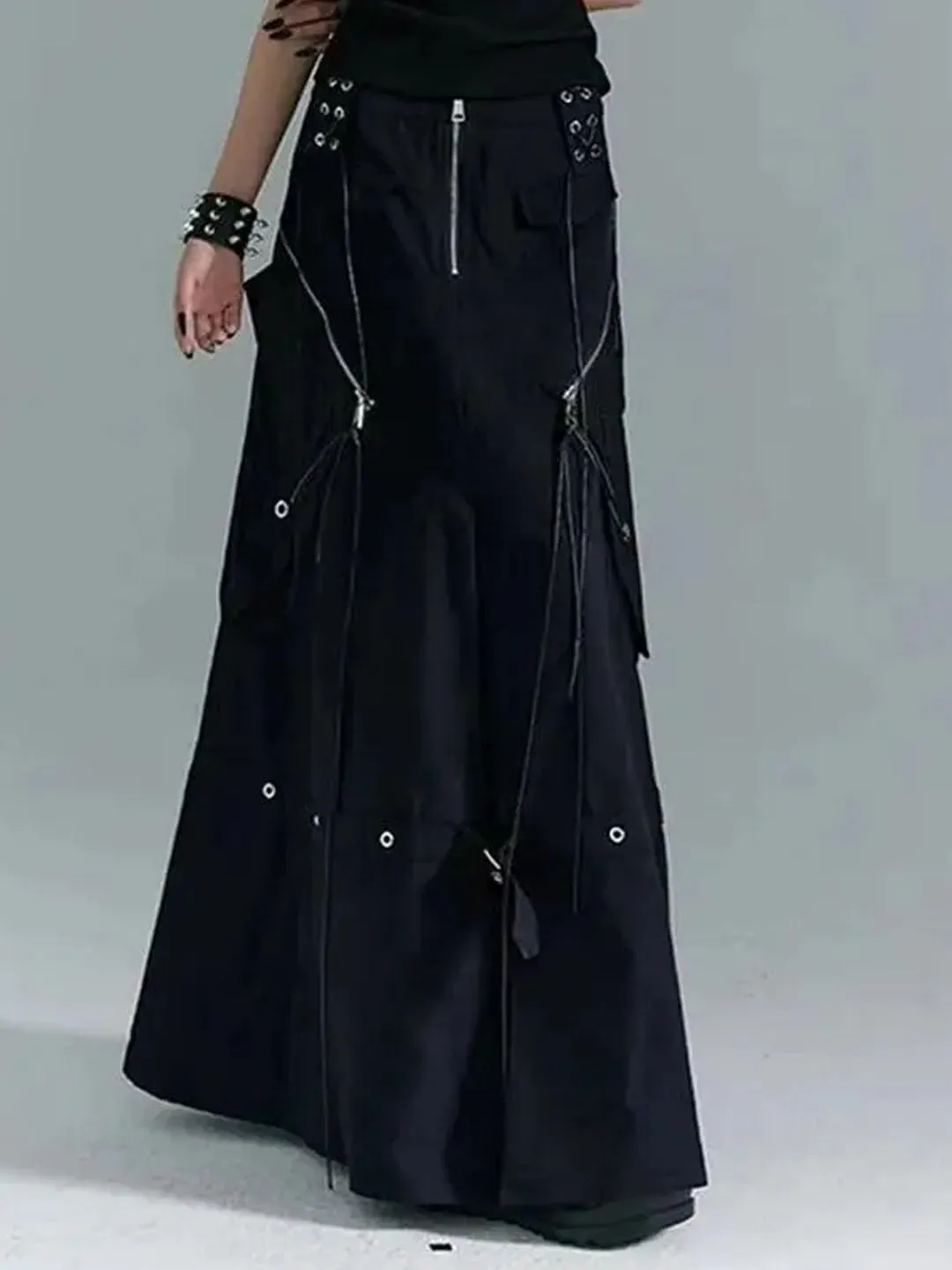 Women's Gothic Y2K Cargo Denim A-Line Skirt High Waist Bandage Loose Fit Floor-Length Vintage Skirt