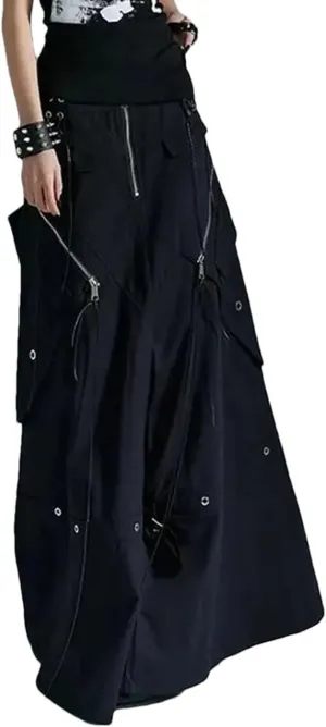 Women's Gothic Y2K Cargo Denim A-Line Skirt High Waist Bandage Loose Fit Floor-Length Vintage Skirt