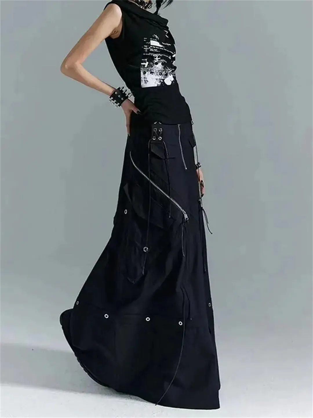 Women's Gothic Y2K Cargo Denim A-Line Skirt High Waist Bandage Loose Fit Floor-Length Vintage Skirt