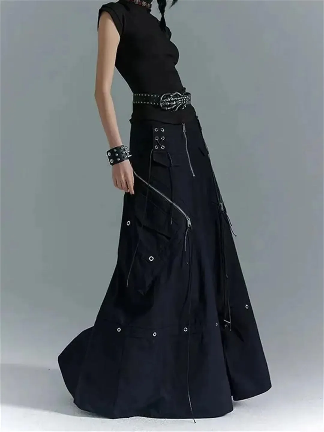 Women's Gothic Y2K Cargo Denim A-Line Skirt High Waist Bandage Loose Fit Floor-Length Vintage Skirt
