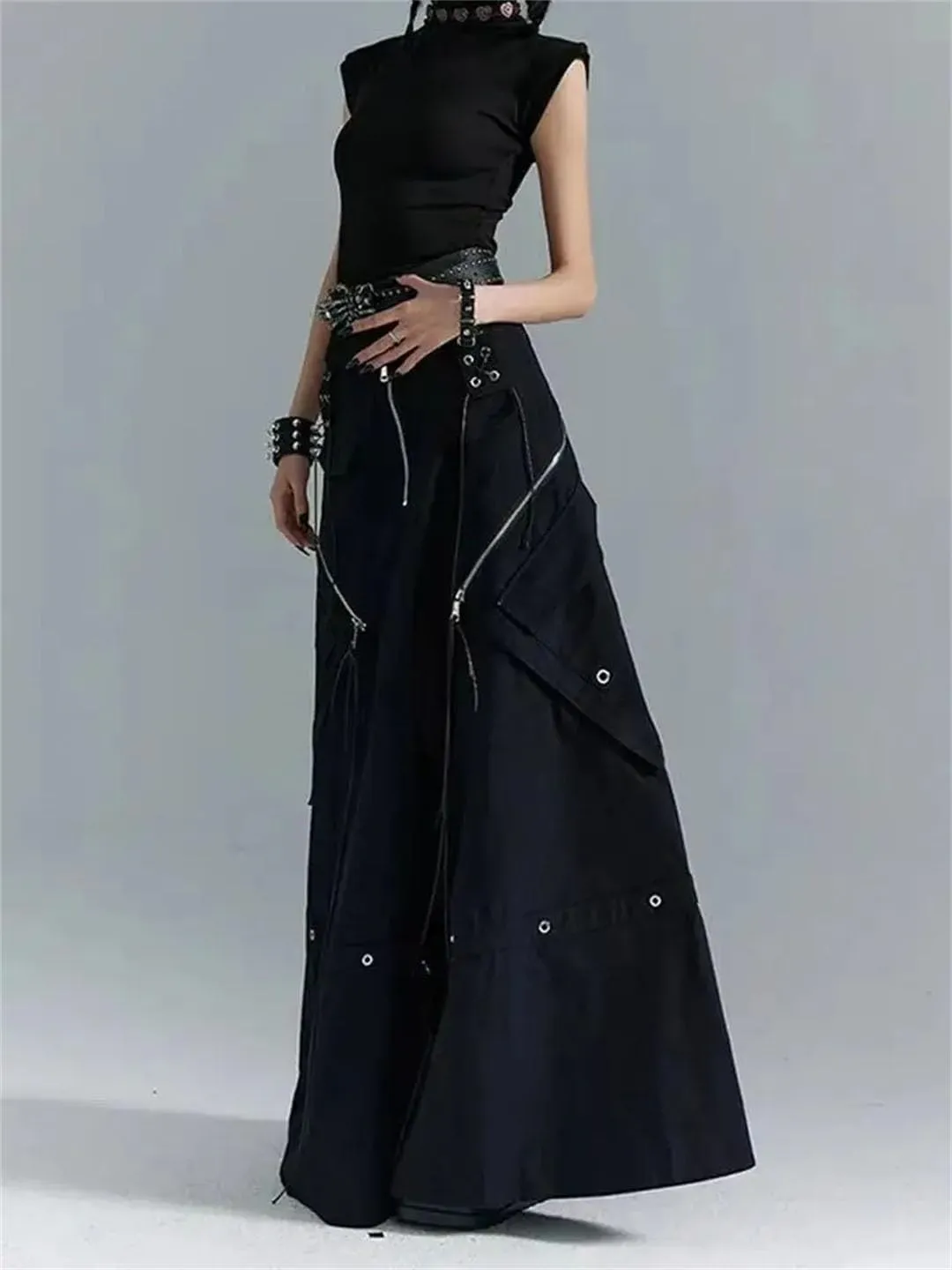 Women's Gothic Y2K Cargo Denim A-Line Skirt High Waist Bandage Loose Fit Floor-Length Vintage Skirt