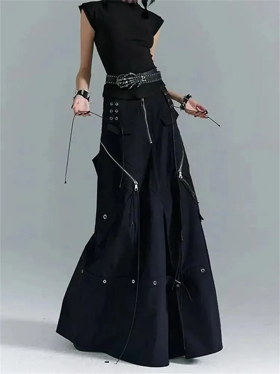 Women's Gothic Y2K Cargo Denim A-Line Skirt High Waist Bandage Loose Fit Floor-Length Vintage Skirt
