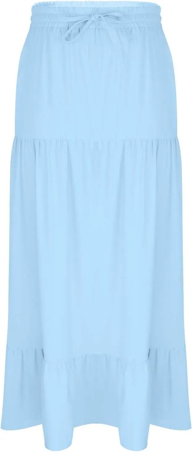 Women's High Elastic Waist Ruffle Tiered High Split Drawstring Flowy Vacation Beach Summer A-Line Maxi Skirt