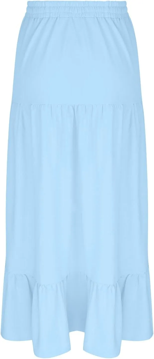 Women's High Elastic Waist Ruffle Tiered High Split Drawstring Flowy Vacation Beach Summer A-Line Maxi Skirt