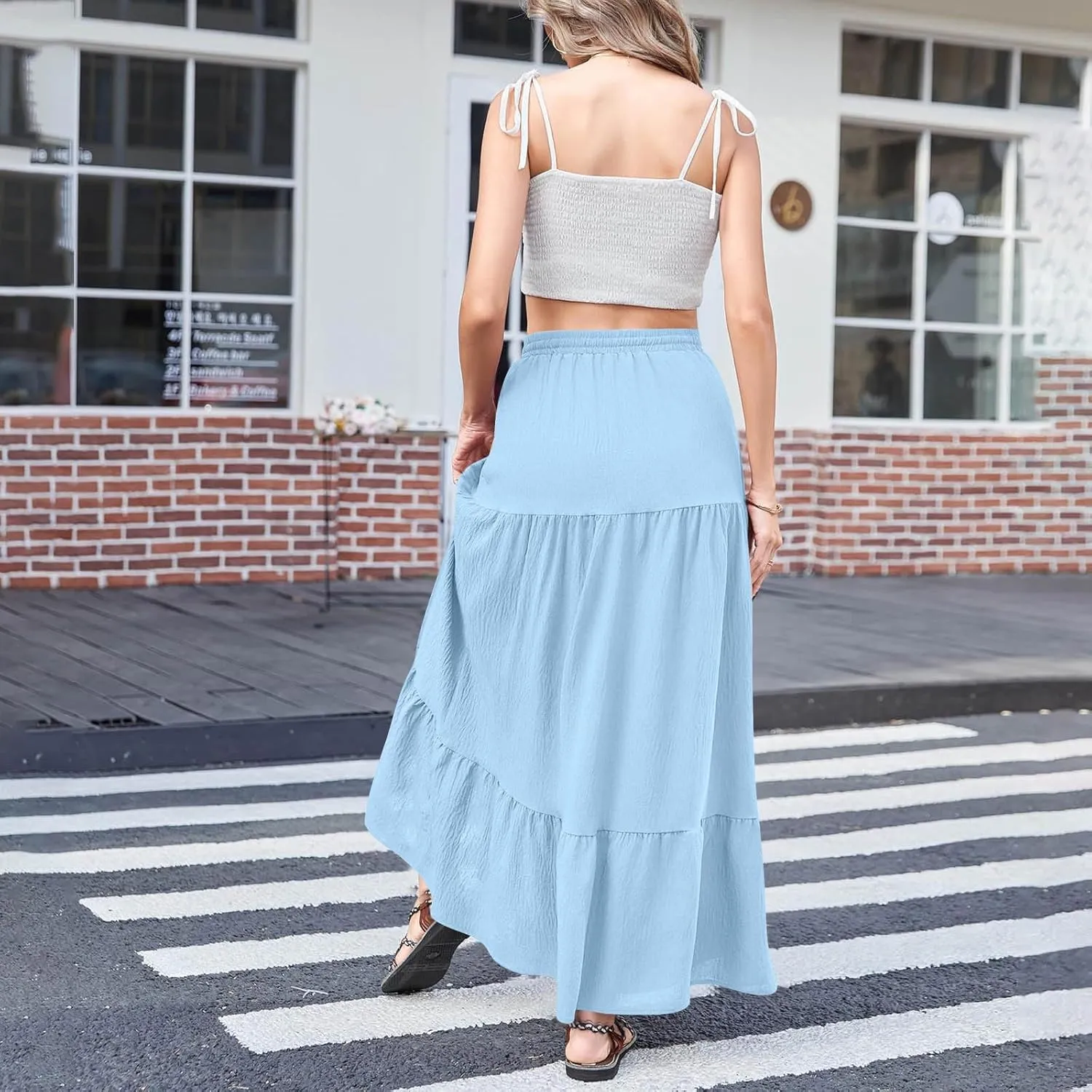 Women's High Elastic Waist Ruffle Tiered High Split Drawstring Flowy Vacation Beach Summer A-Line Maxi Skirt