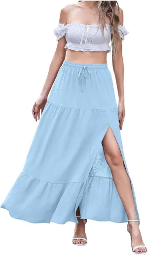 Women's High Elastic Waist Ruffle Tiered High Split Drawstring Flowy Vacation Beach Summer A-Line Maxi Skirt