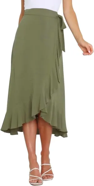 Women's High Low Casual Slit Wrap Asymmetrical Skirt - Solid Elastic High Waist With High Split - Flowy Long Maxi