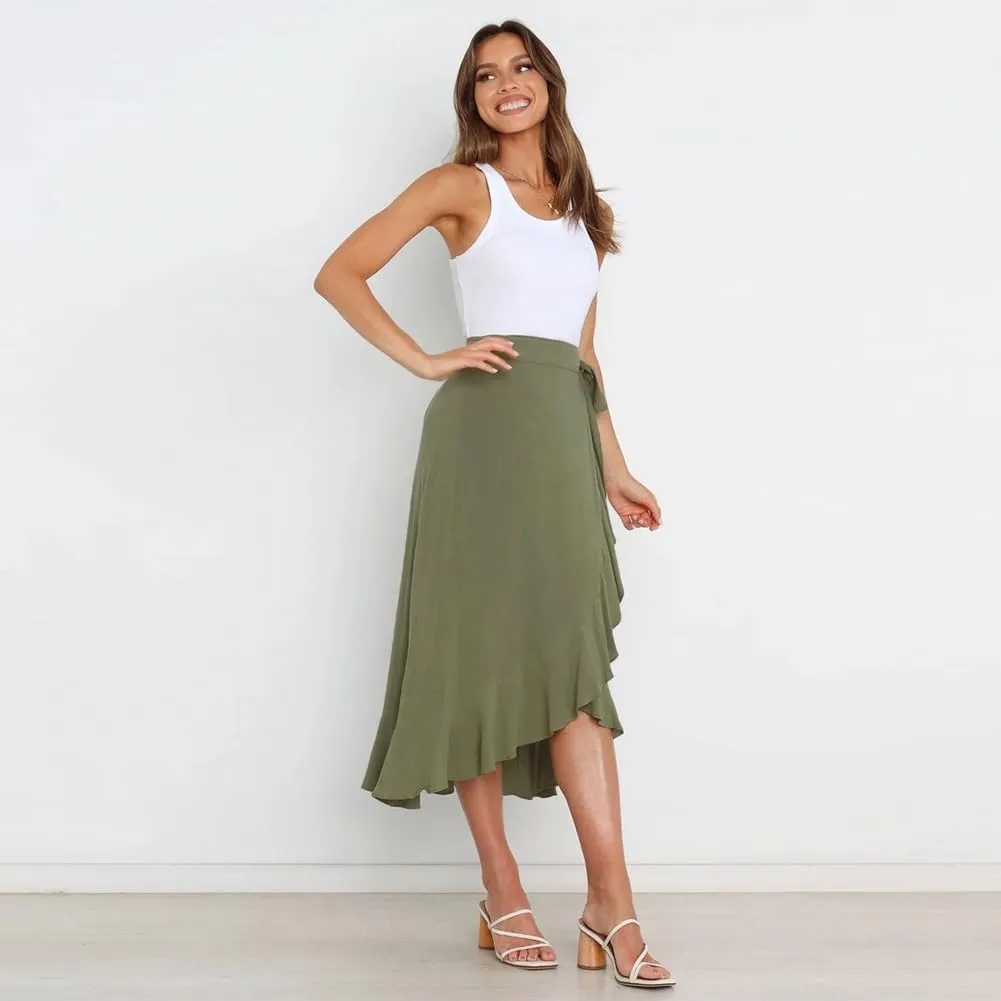 Women's High Low Casual Slit Wrap Asymmetrical Skirt - Solid Elastic High Waist With High Split - Flowy Long Maxi