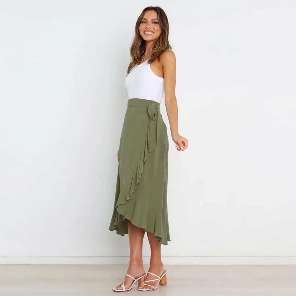Women's High Low Casual Slit Wrap Asymmetrical Skirt - Solid Elastic High Waist With High Split - Flowy Long Maxi