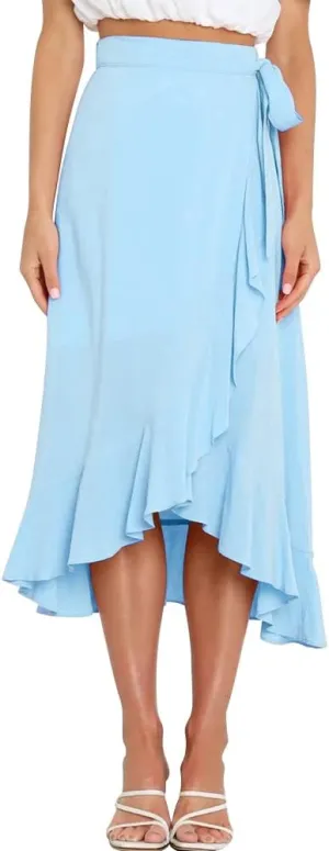 Women's High Low Casual Slit Wrap Asymmetrical Skirt - Solid Elastic High Waist With High Split - Flowy Long Maxi