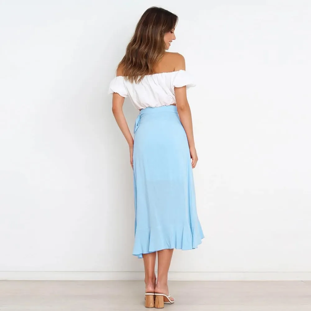 Women's High Low Casual Slit Wrap Asymmetrical Skirt - Solid Elastic High Waist With High Split - Flowy Long Maxi