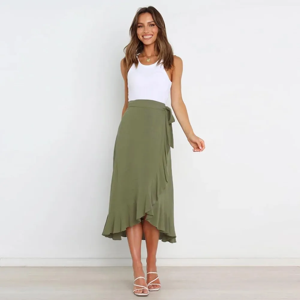 Women's High Low Casual Slit Wrap Asymmetrical Skirt - Solid Elastic High Waist With High Split - Flowy Long Maxi
