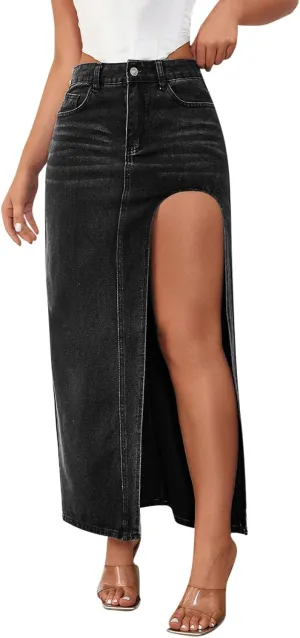 Women's High Slit Denim Skirt Sexy Slim Fit Maxi Long Pencil Jean Skirt High Waisted Distressed Bodycon Denim Skirts