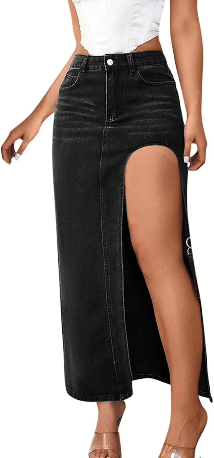 Women's High Slit Denim Skirt Sexy Slim Fit Maxi Long Pencil Jean Skirt High Waisted Distressed Bodycon Denim Skirts