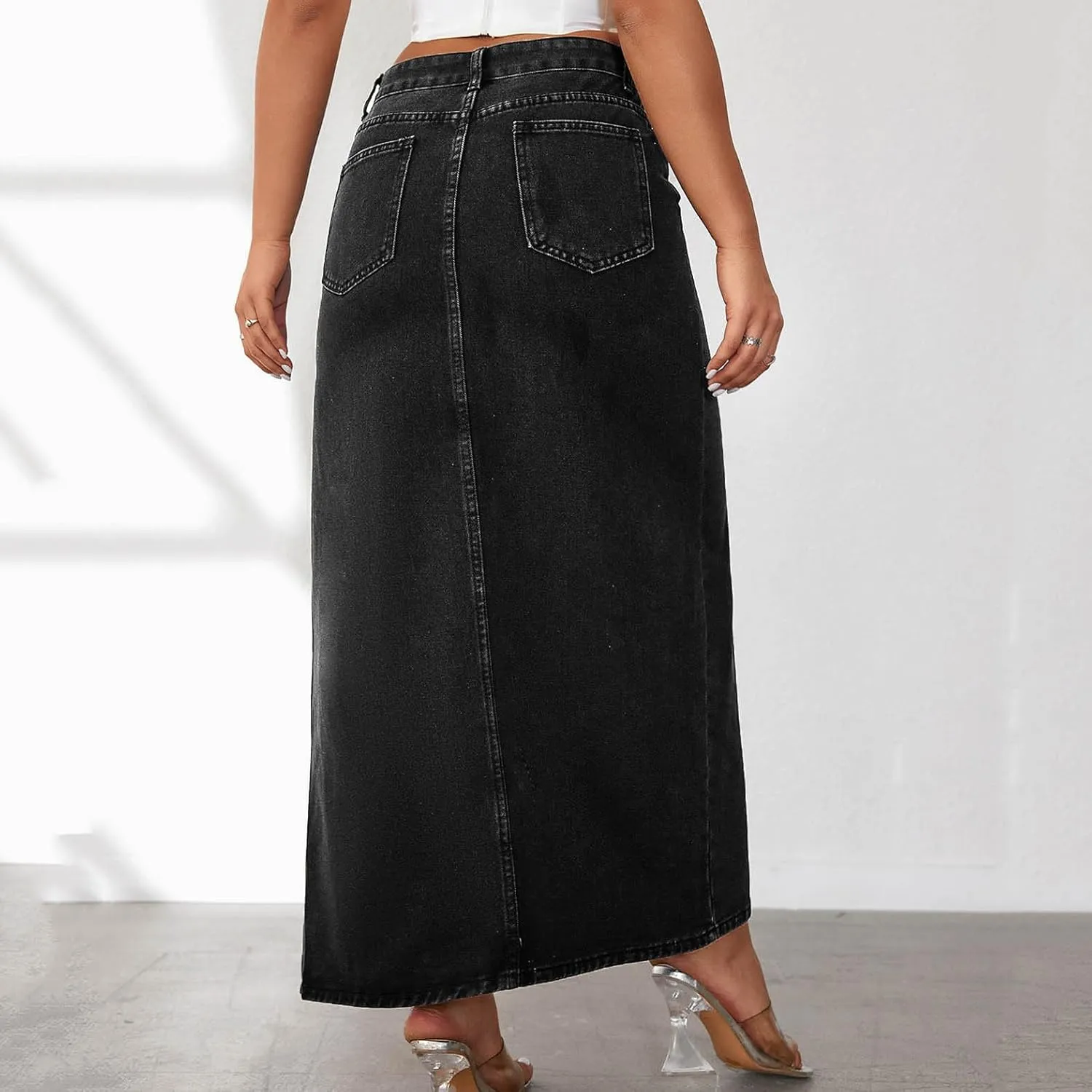 Women's High Slit Denim Skirt Sexy Slim Fit Maxi Long Pencil Jean Skirt High Waisted Distressed Bodycon Denim Skirts