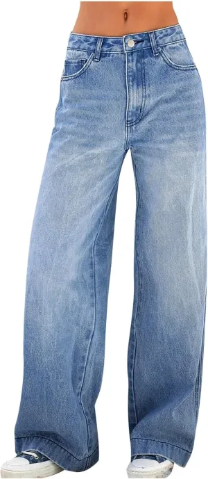 Women's High Waist Baggy Jeans Boyfriend Wide Leg Denim Pants with Pocket Ripped Straight Leg Casual Loose Trouser