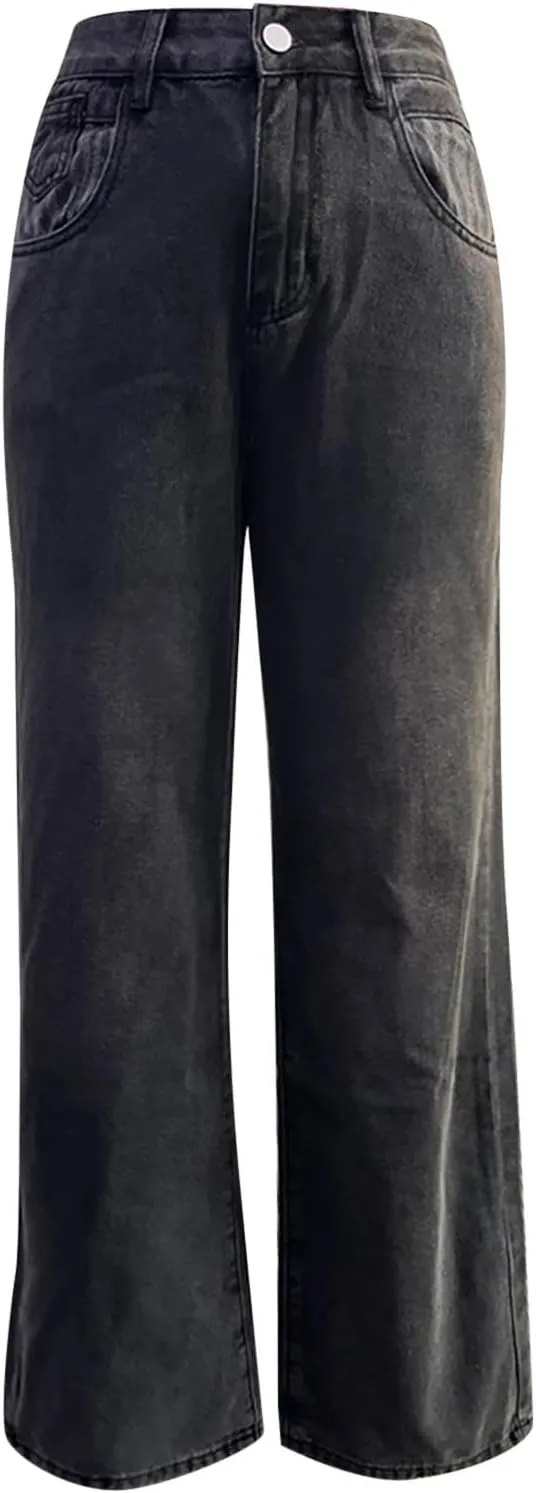 Women's High Waist Baggy Jeans Boyfriend Wide Leg Denim Pants with Pocket Ripped Straight Leg Casual Loose Trouser