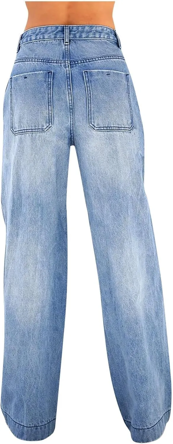 Women's High Waist Baggy Jeans Boyfriend Wide Leg Denim Pants with Pocket Ripped Straight Leg Casual Loose Trouser