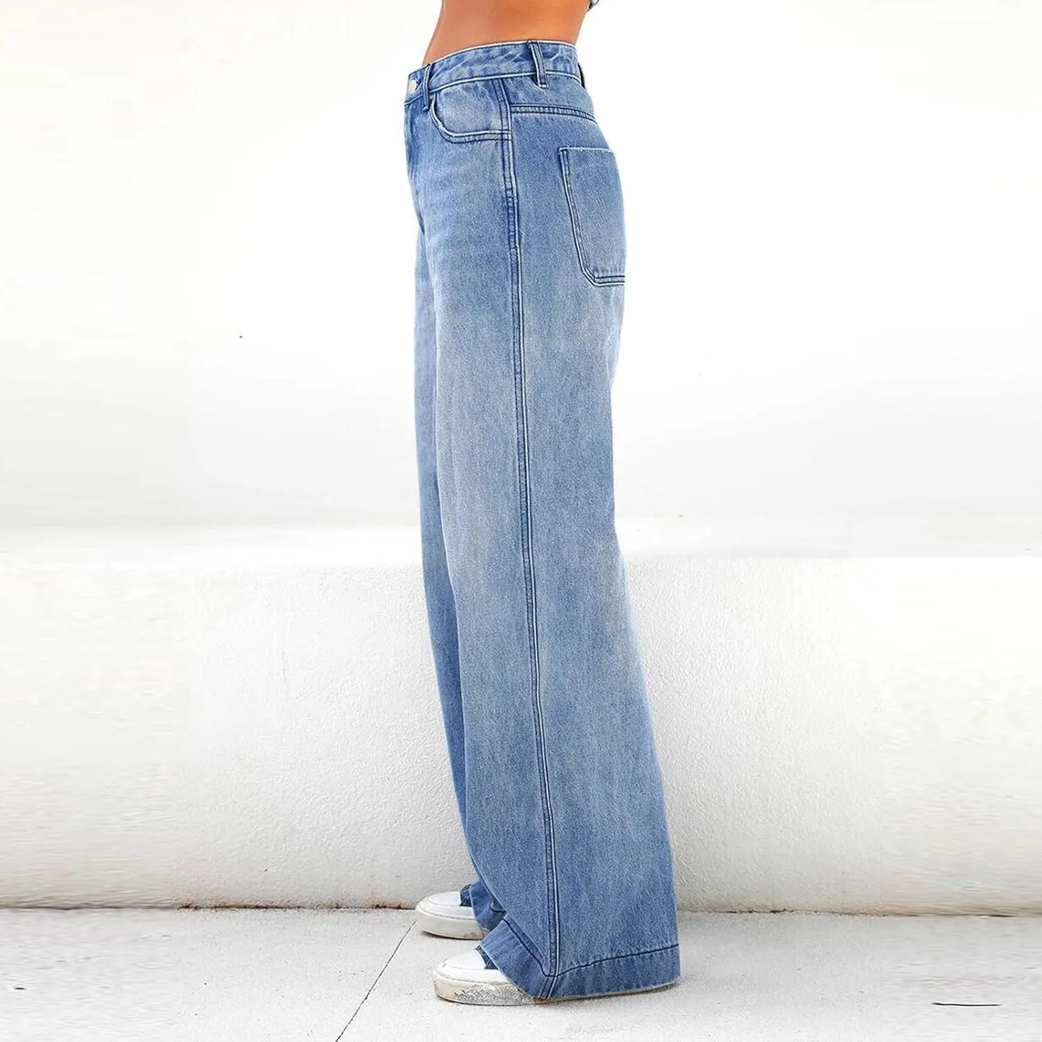 Women's High Waist Baggy Jeans Boyfriend Wide Leg Denim Pants with Pocket Ripped Straight Leg Casual Loose Trouser