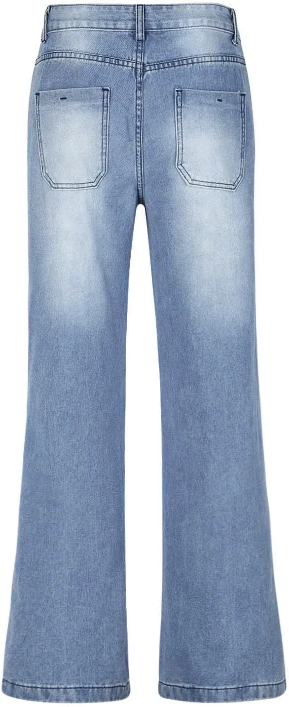 Women's High Waist Baggy Jeans Boyfriend Wide Leg Denim Pants with Pocket Ripped Straight Leg Casual Loose Trouser