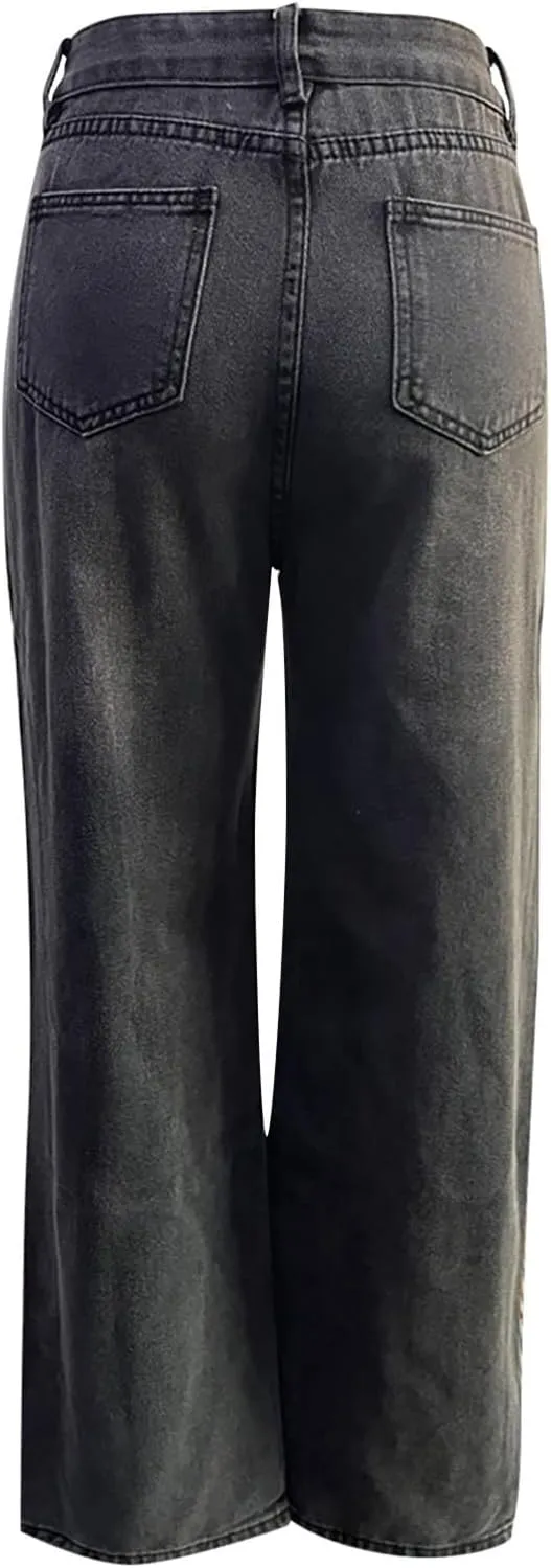 Women's High Waist Baggy Jeans Boyfriend Wide Leg Denim Pants with Pocket Ripped Straight Leg Casual Loose Trouser