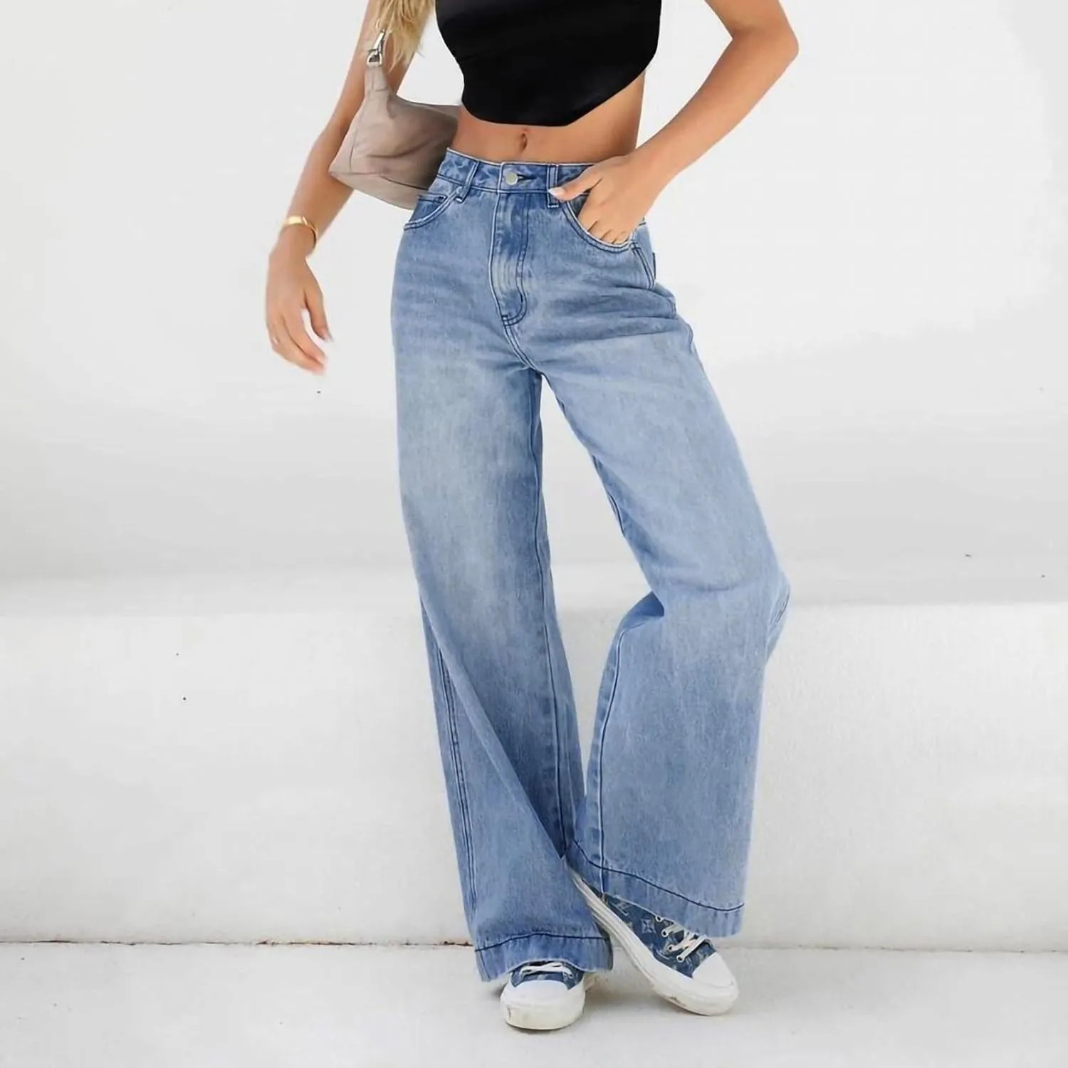 Women's High Waist Baggy Jeans Boyfriend Wide Leg Denim Pants with Pocket Ripped Straight Leg Casual Loose Trouser