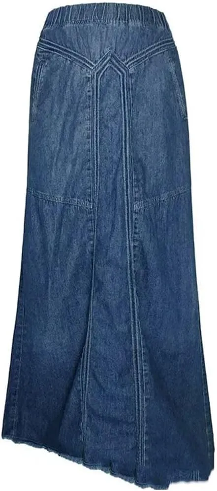 Women's High Waist Denim A-Line Skirt Bleached Wash with Elastic Waistband, Long Full Length Design Pockets