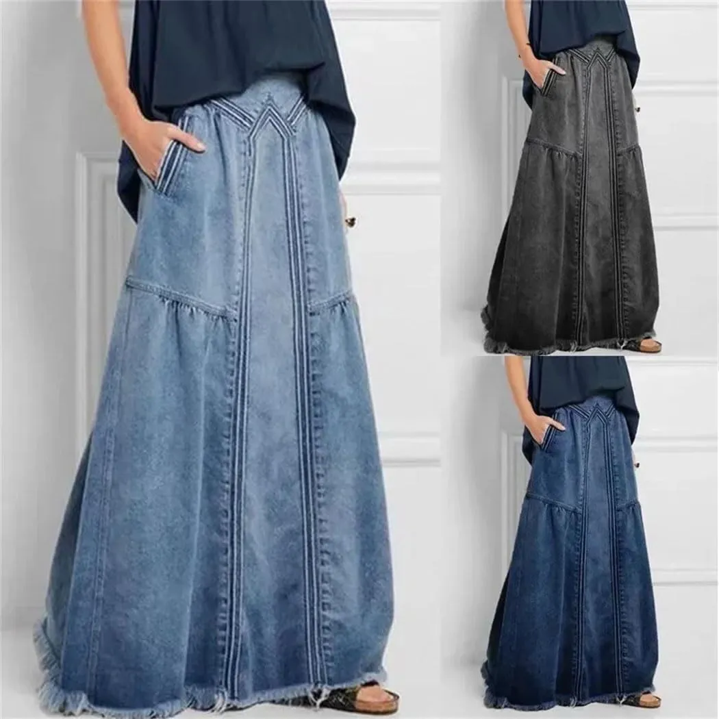 Women's High Waist Denim A-Line Skirt Bleached Wash with Elastic Waistband, Long Full Length Design Pockets