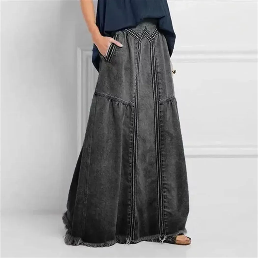 Women's High Waist Denim A-Line Skirt Bleached Wash with Elastic Waistband, Long Full Length Design Pockets