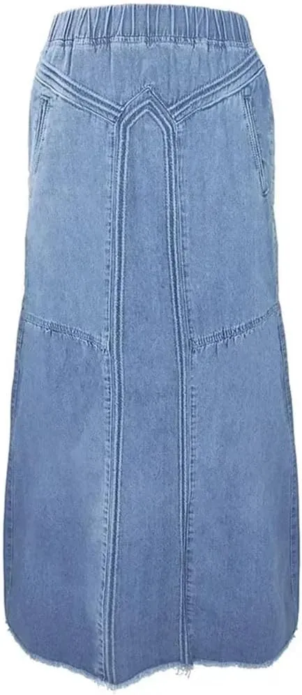 Women's High Waist Denim A-Line Skirt Bleached Wash with Elastic Waistband, Long Full Length Design Pockets