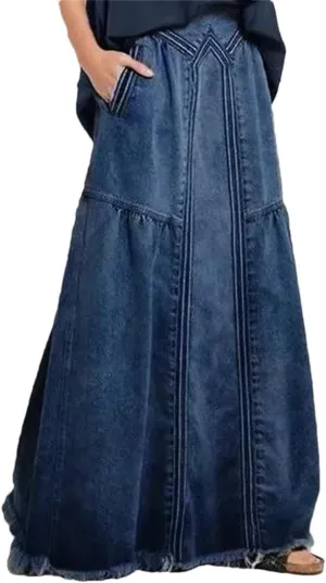 Women's High Waist Denim A-Line Skirt Bleached Wash with Elastic Waistband, Long Full Length Design Pockets