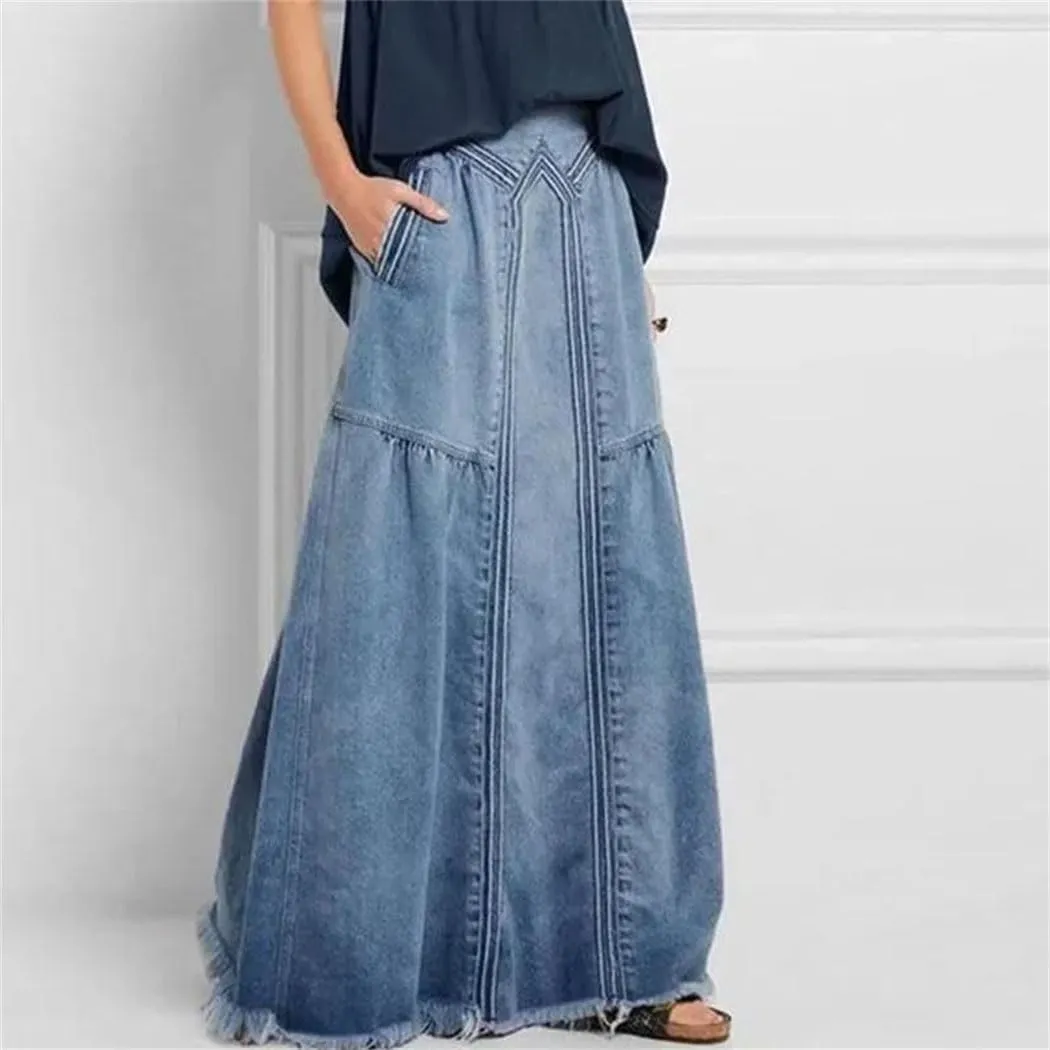 Women's High Waist Denim A-Line Skirt Bleached Wash with Elastic Waistband, Long Full Length Design Pockets