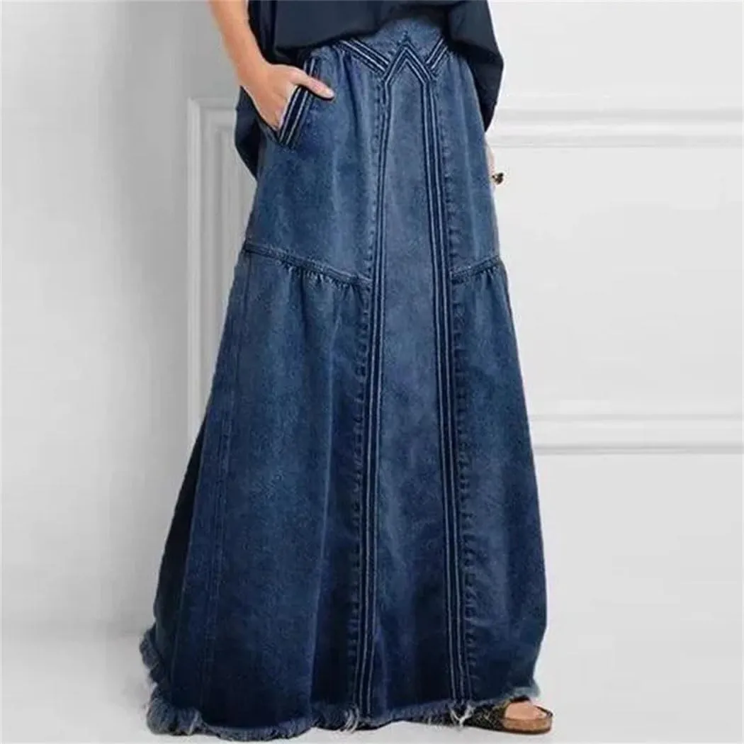 Women's High Waist Denim A-Line Skirt Bleached Wash with Elastic Waistband, Long Full Length Design Pockets