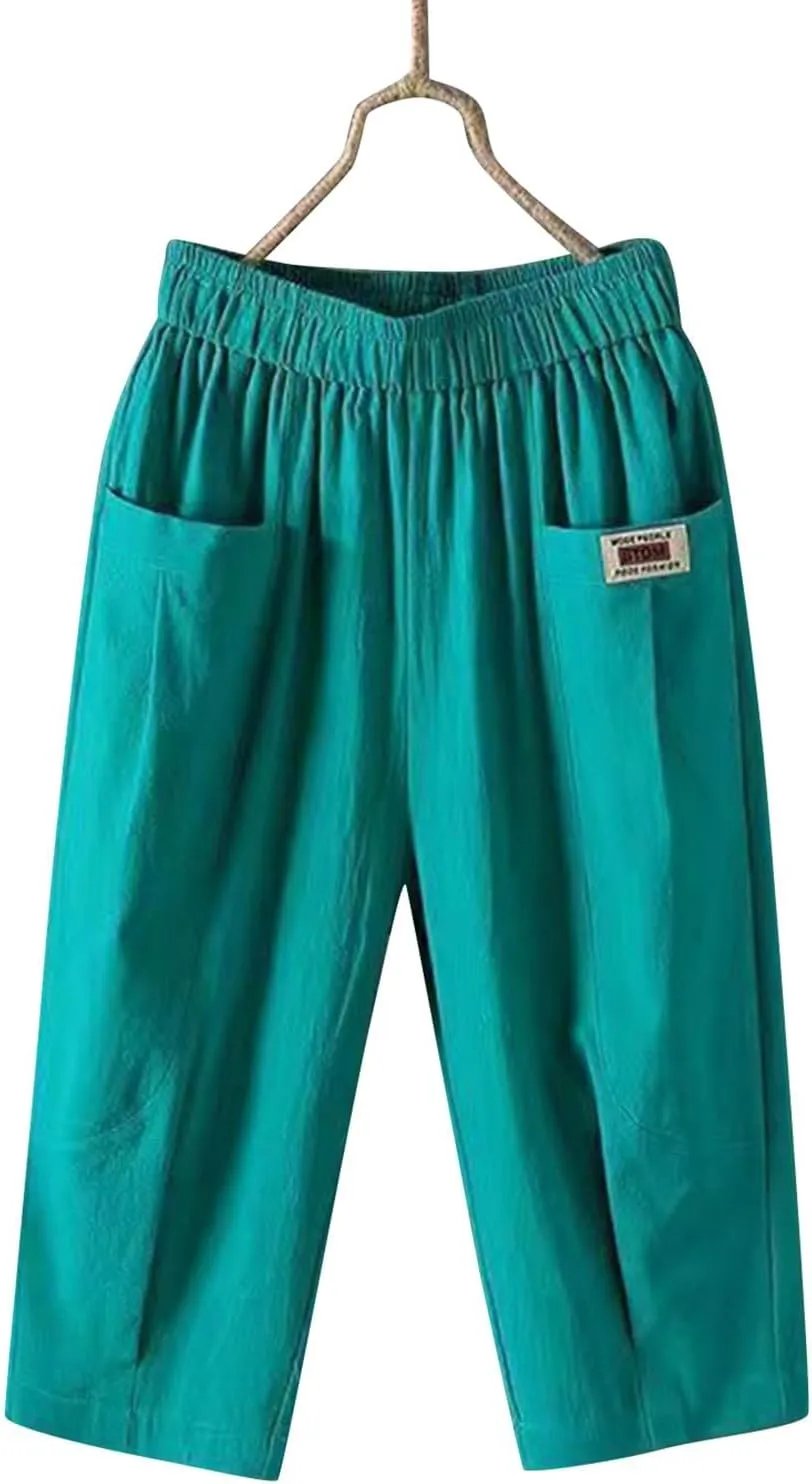 Womens High Waist Linen Cropped Pants Summer Beach Casual Pants Elastic Waist with Pockets Loose Quick Dry