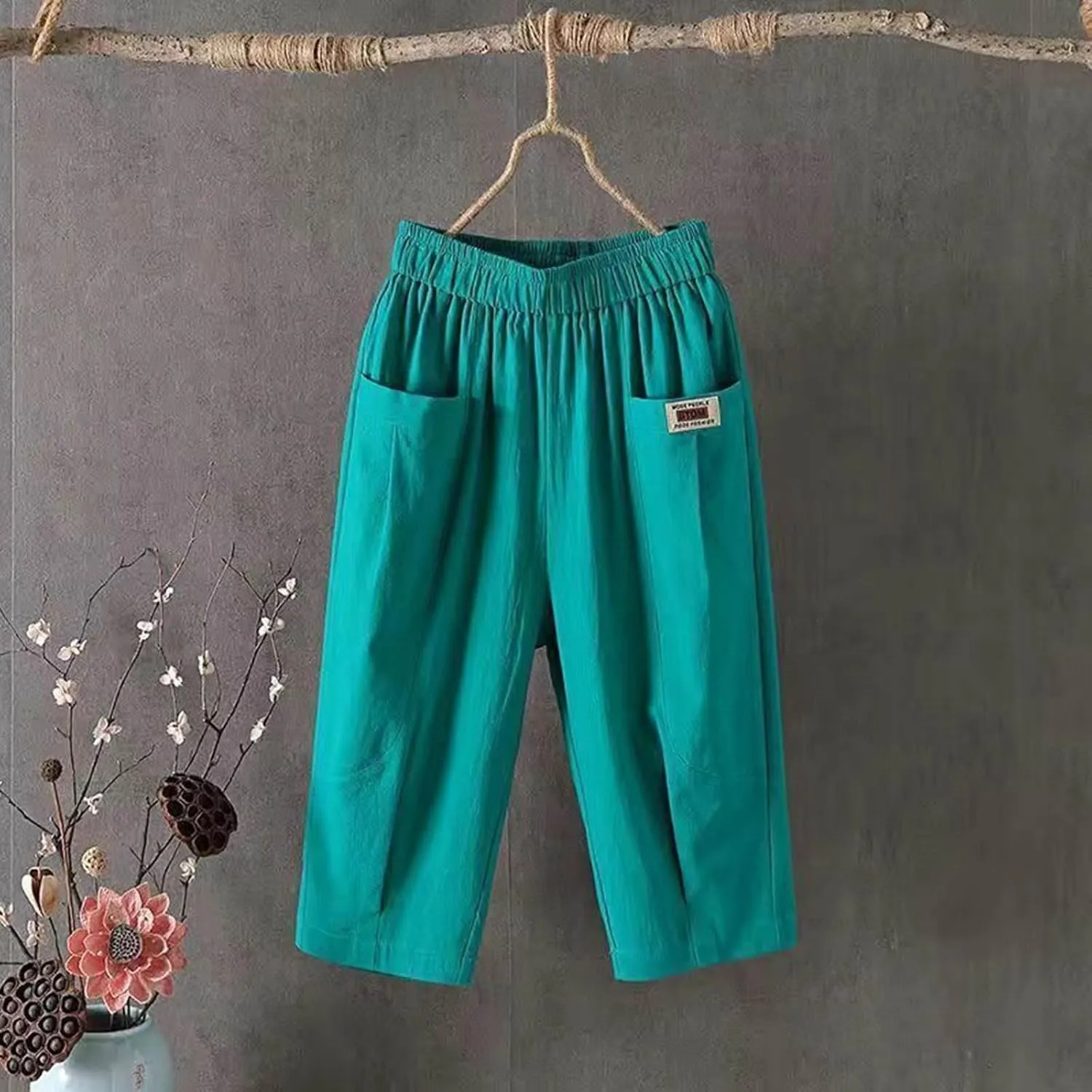 Womens High Waist Linen Cropped Pants Summer Beach Casual Pants Elastic Waist with Pockets Loose Quick Dry
