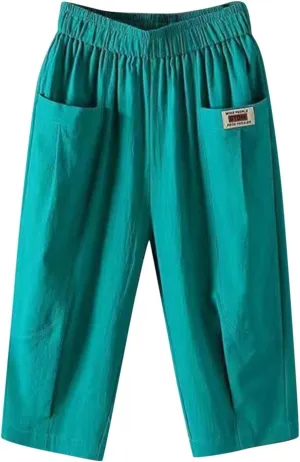 Womens High Waist Linen Cropped Pants Summer Beach Casual Pants Elastic Waist with Pockets Loose Quick Dry