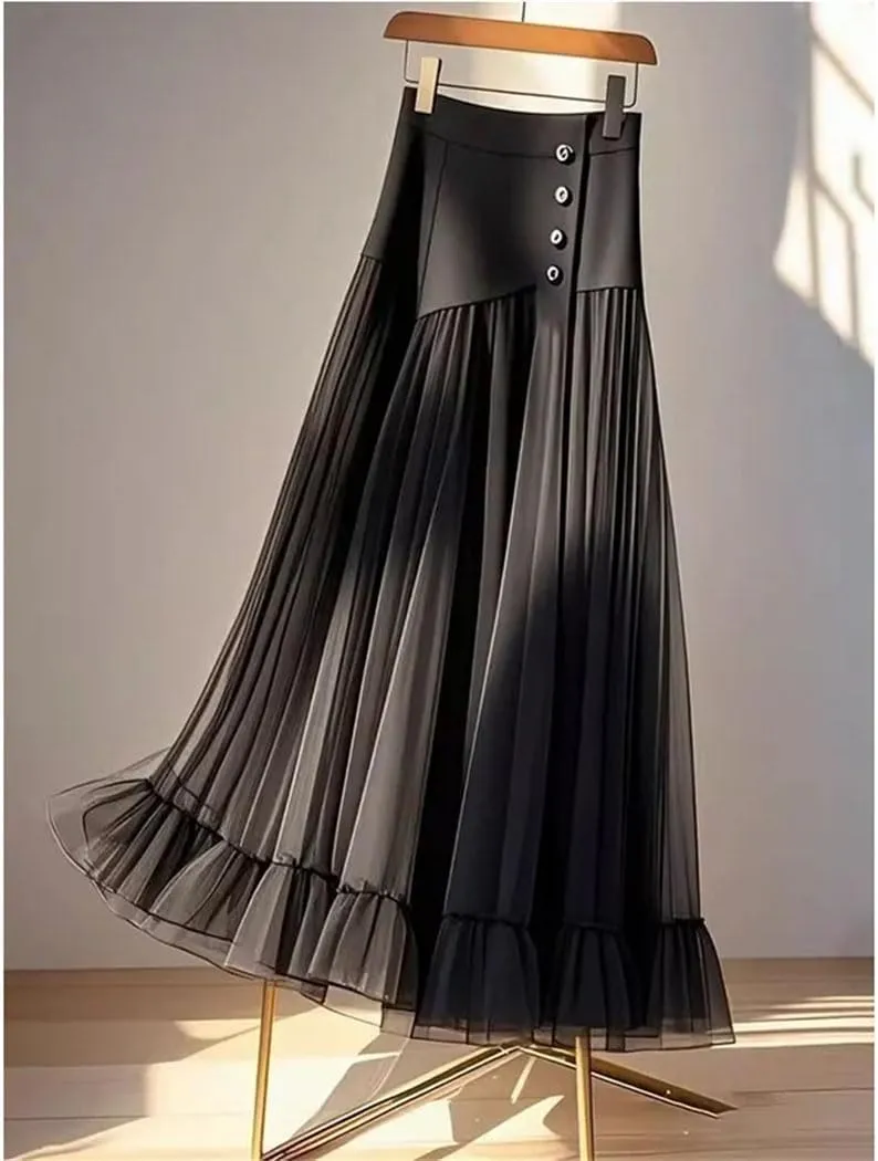 Women's High Waist Pleated Skirt A-line Patchwork Net Yarn Vintage Long Dress Casual Maxi Skirts