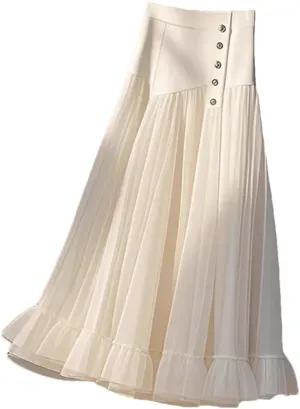 Women's High Waist Pleated Skirt A-line Patchwork Net Yarn Vintage Long Dress Casual Maxi Skirts