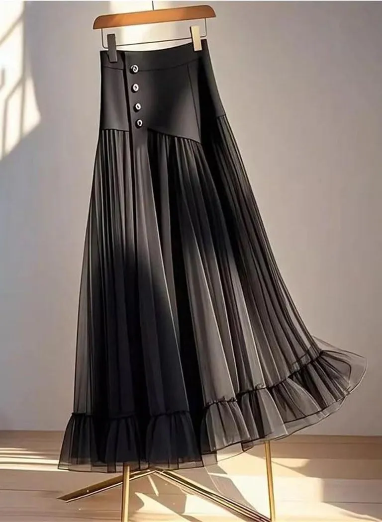 Women's High Waist Pleated Skirt A-line Patchwork Net Yarn Vintage Long Dress Casual Maxi Skirts
