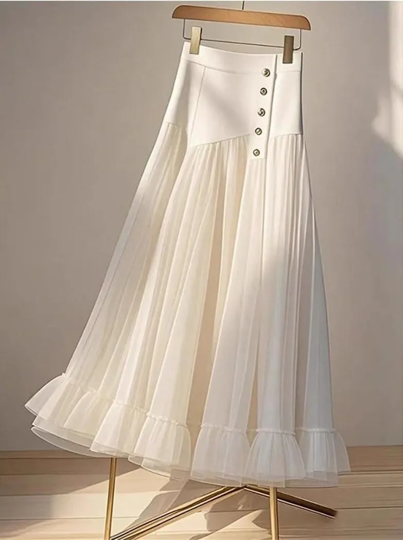 Women's High Waist Pleated Skirt A-line Patchwork Net Yarn Vintage Long Dress Casual Maxi Skirts