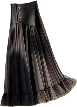 Women's High Waist Pleated Skirt A-line Patchwork Net Yarn Vintage Long Dress Casual Maxi Skirts