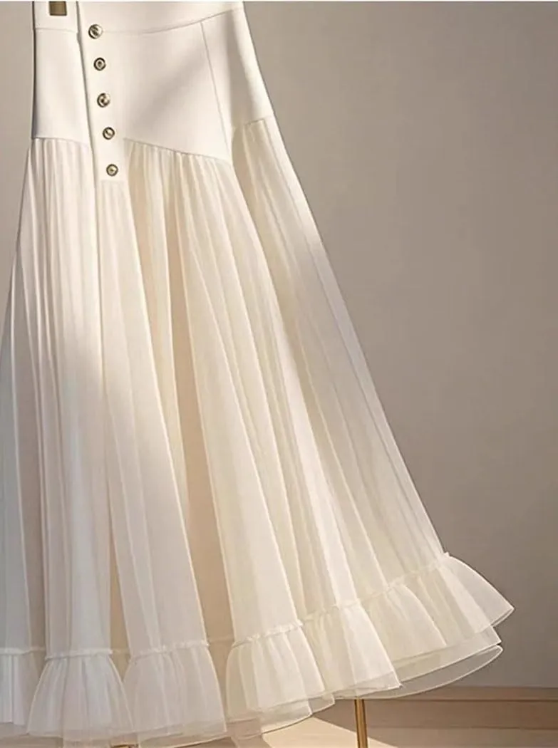 Women's High Waist Pleated Skirt A-line Patchwork Net Yarn Vintage Long Dress Casual Maxi Skirts