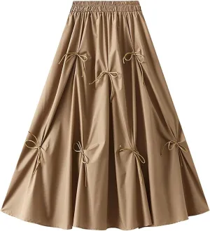 Women's High Waist Pleated Skirt Bowknot A line Swing Midi Skirts Ruffle Hem Flowy Long Skirt
