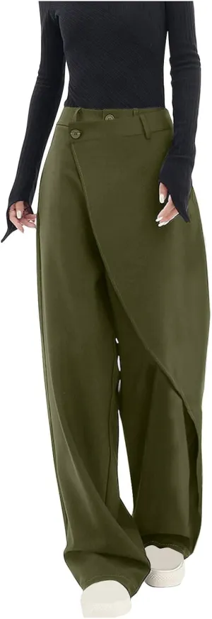 Womens High Waist Wide Leg Straight Pants Button Relaxed Fit Trousers 2024 Trendy Casual Solid Long Pants with Pockets
