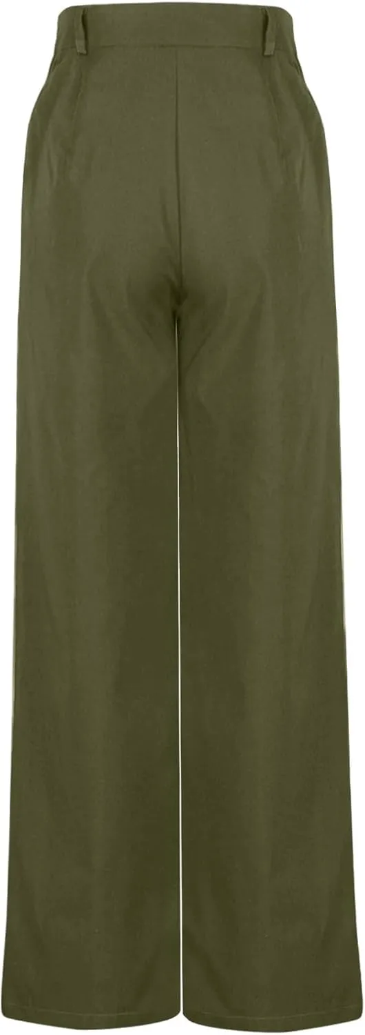 Womens High Waist Wide Leg Straight Pants Button Relaxed Fit Trousers 2024 Trendy Casual Solid Long Pants with Pockets