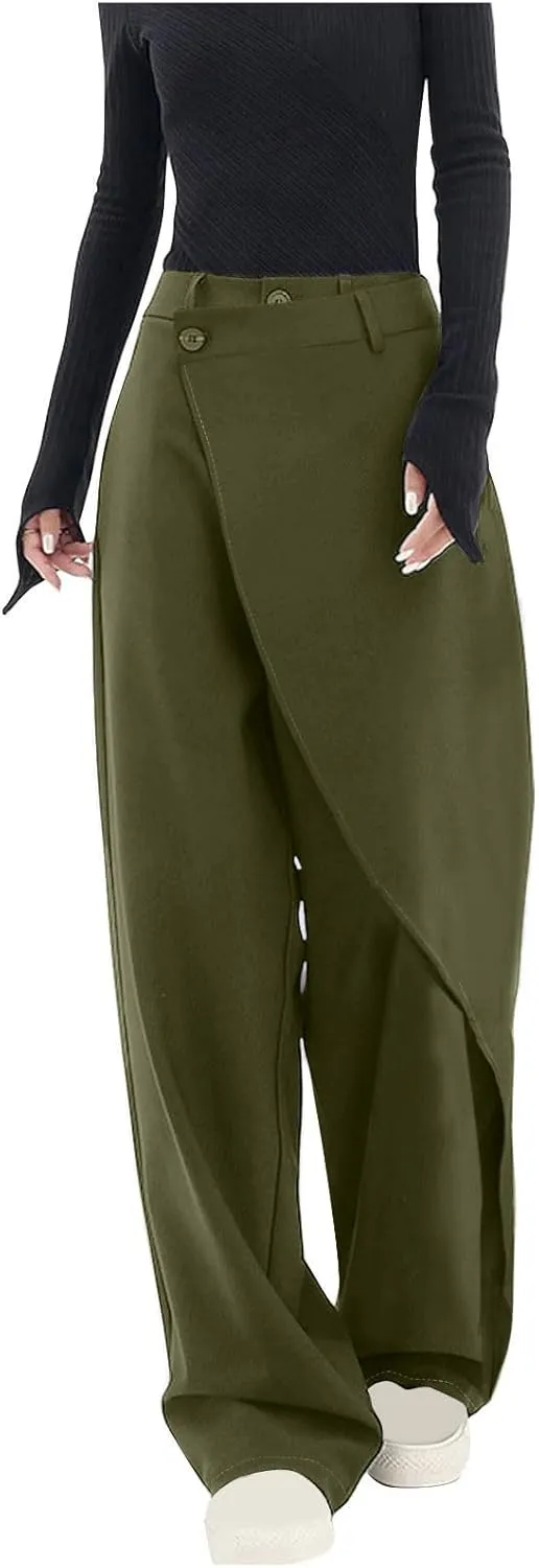 Womens High Waist Wide Leg Straight Pants Button Relaxed Fit Trousers 2024 Trendy Casual Solid Long Pants with Pockets
